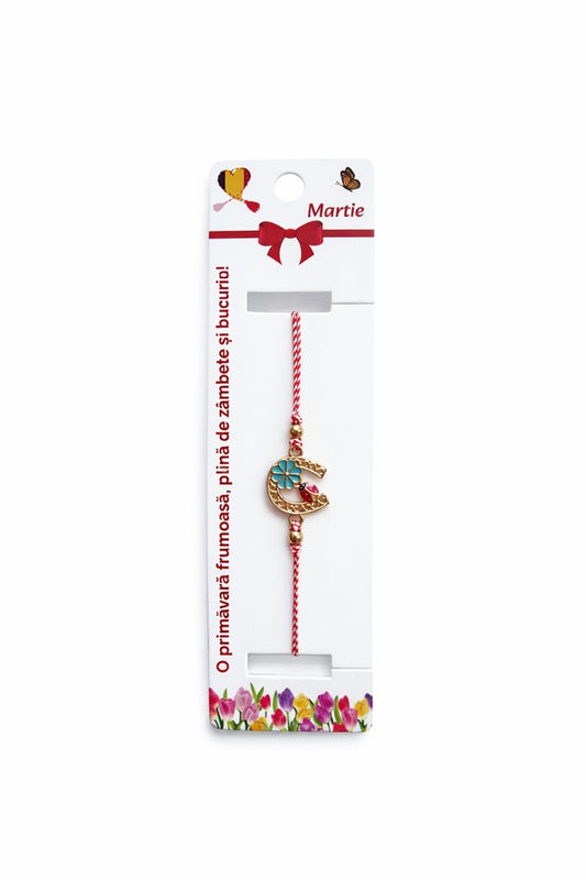 Set 12 Bratari Martisor Potcoava Aurie cu Trifoi si Buburuza Norocoasa, snur reglabil