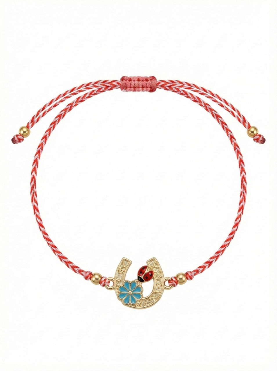 Set 12 Bratari Martisor Potcoava Aurie cu Trifoi si Buburuza Norocoasa, snur reglabil