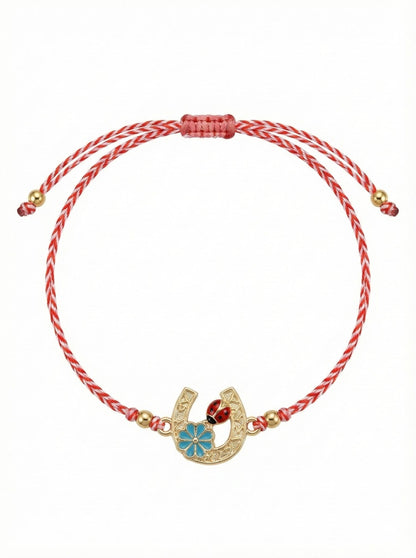 Set 12 Bratari Martisor Potcoava Aurie cu Trifoi si Buburuza Norocoasa, snur reglabil