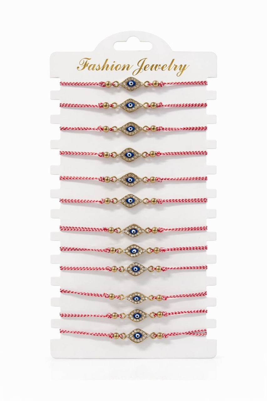 Set 12 bratari martisor talisman protector auriu cu strasuri, snur alb rosu, 20x11cm