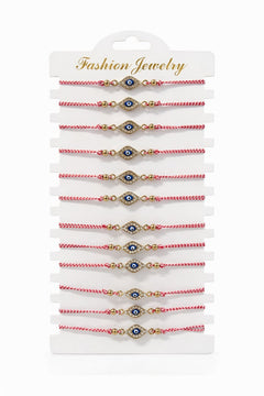Set 12 bratari martisor talisman protector auriu cu strasuri, snur alb rosu, 20x11cm