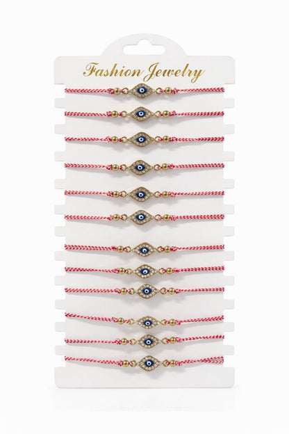 Set 12 bratari martisor talisman protector auriu cu strasuri, snur alb rosu, 20x11cm