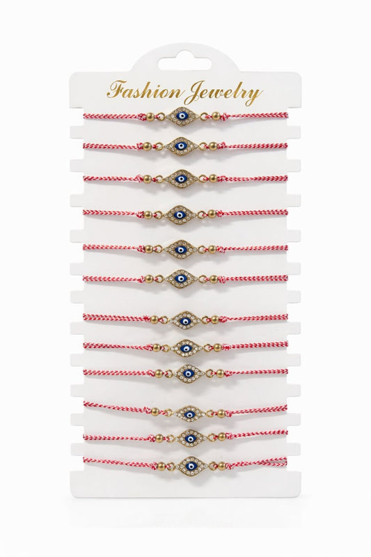 Set 12 bratari martisor talisman protector auriu cu strasuri, snur alb rosu, 20x11cm