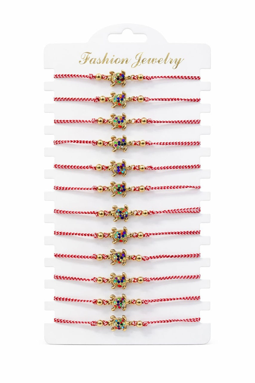 Set 12 bratari martisor testoasa aurie cu strasuri colorate, snur alb rosu, 20x11cm