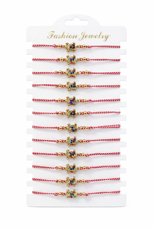 Set 12 bratari martisor testoasa aurie cu strasuri colorate, snur alb rosu, 20x11cm