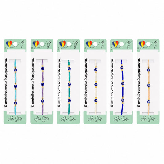 Set 12 Brățări Reglabile cu Pandantiv Ochi Protector – Mărgele Colorate, Accesorii Norocoase
