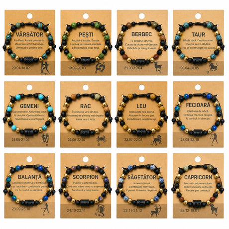 Set 12 bratari reglabile cu zodii, margele decorative si simboluri zodiacale