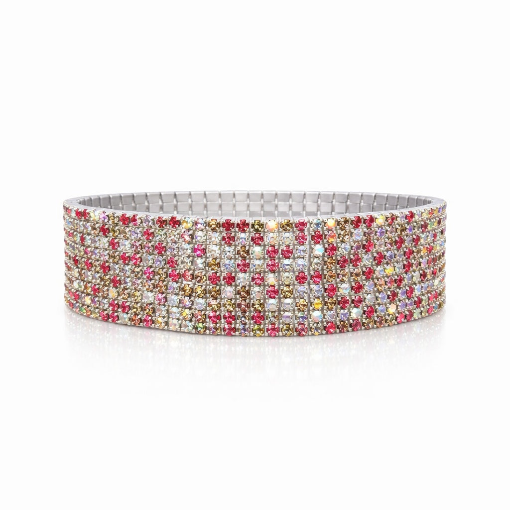 Set 12 bratari ROXE argintii elastice cu pietre multicolore roz si aurii elegante