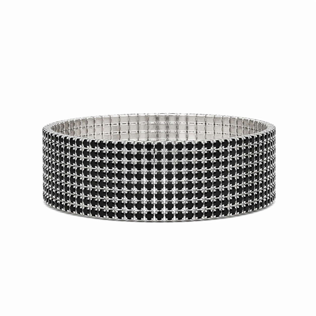 Set 12 bratari ROXE argintii elastice cu pietre negre elegante stralucitoare