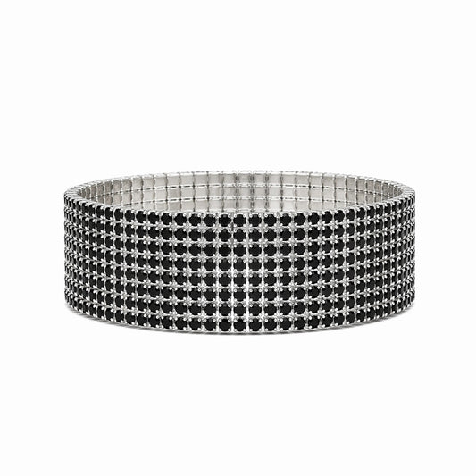 Set 12 bratari ROXE argintii elastice cu pietre negre elegante stralucitoare