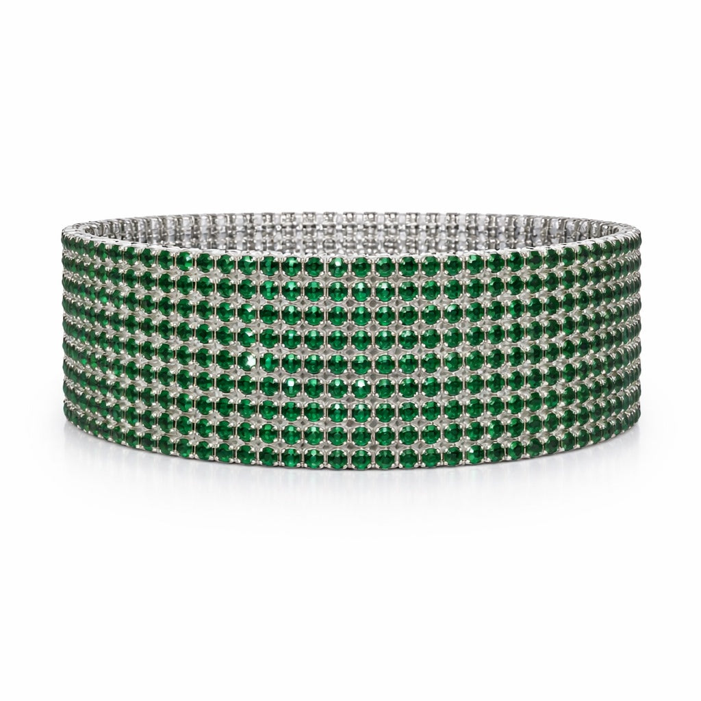 Set 12 bratari ROXE argintii elastice cu pietre verde smarald stralucitoare