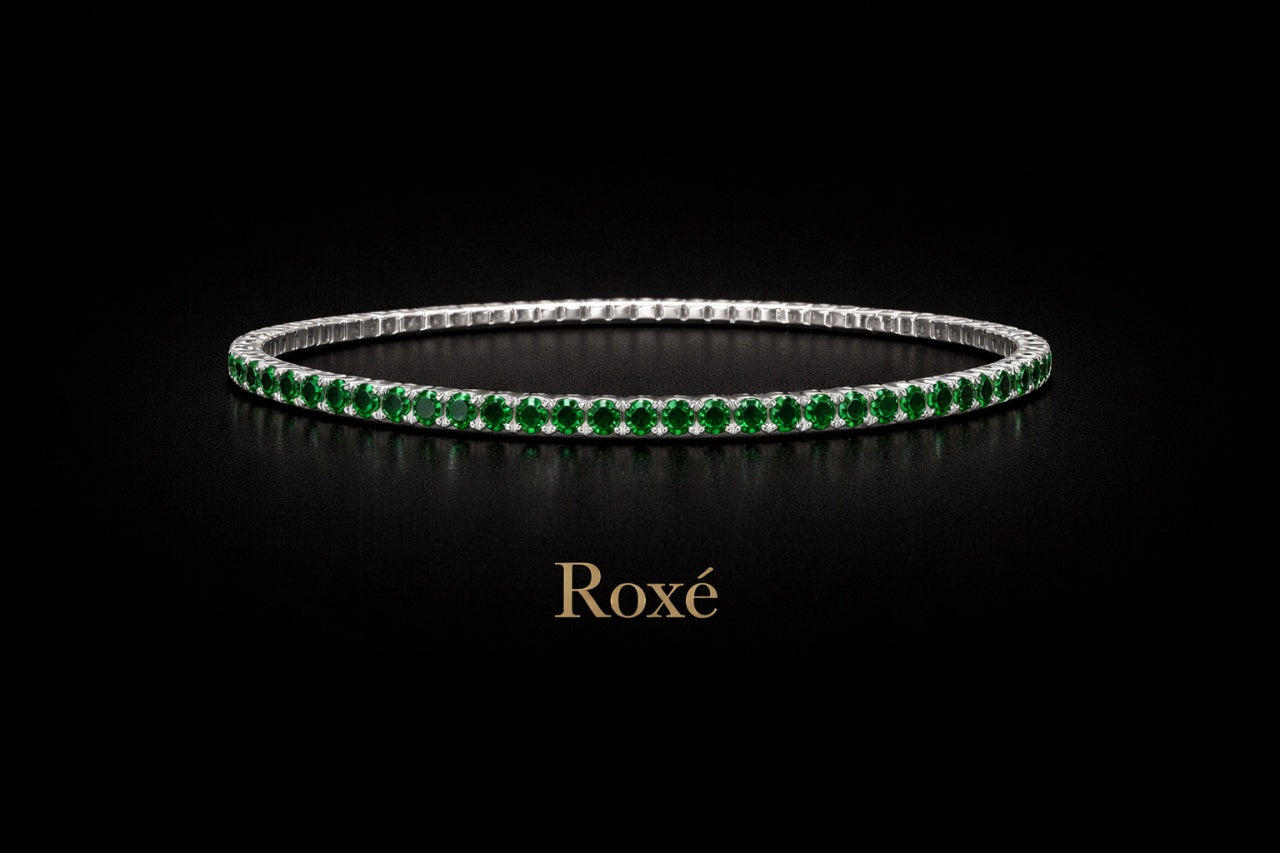 Set 12 bratari ROXE argintii elastice cu pietre verde smarald stralucitoare