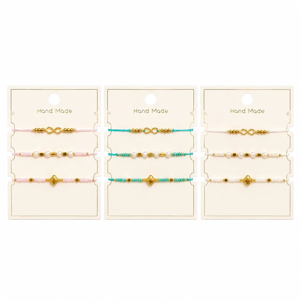 Set 12 Brățări Trio Handmade cu Infinit si Trifoi– 16 cm, Reglabile, Culori Diferite
