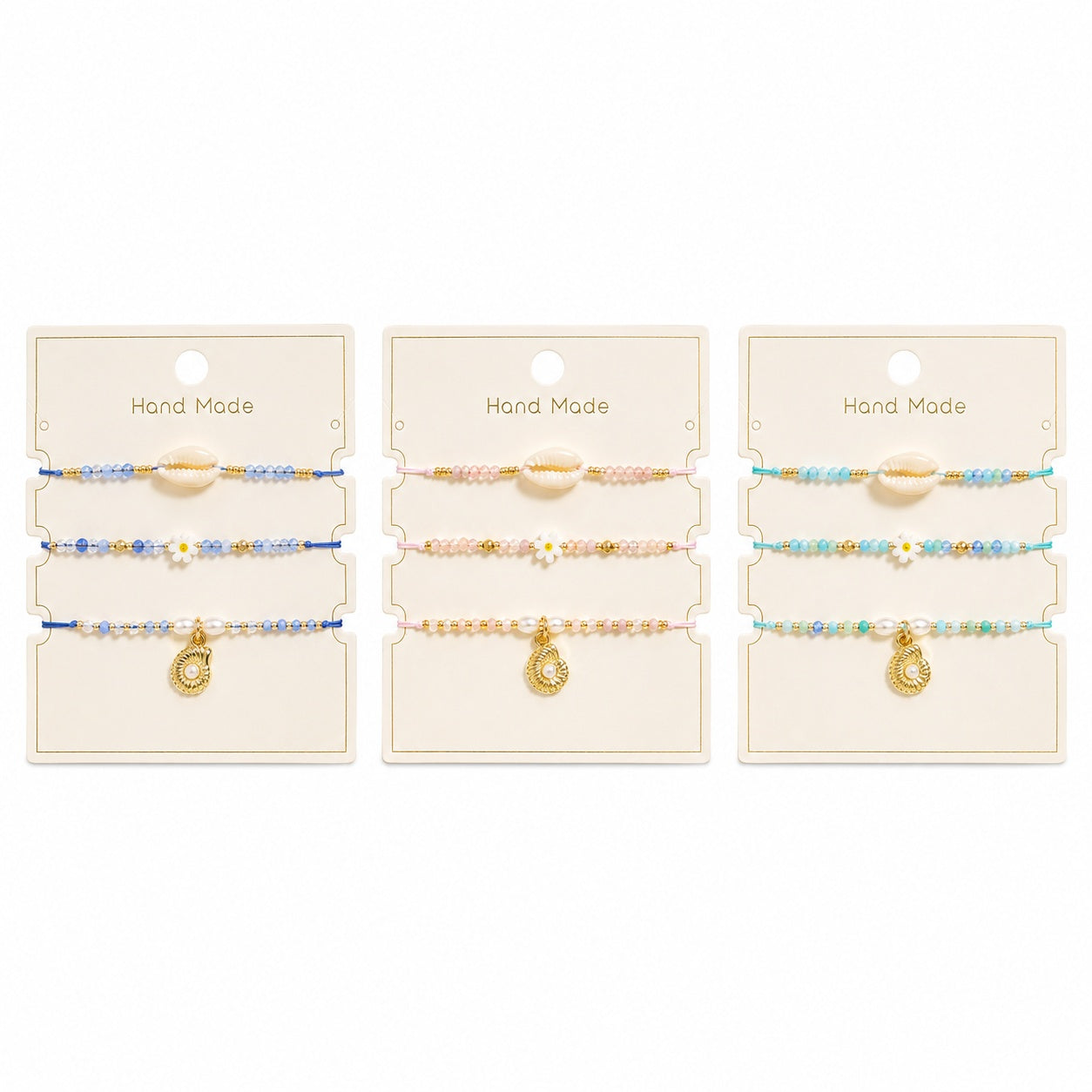 Set 12 Brățări Trio Handmade cu Scoici – 16 cm, Reglabile, Culori Diferite