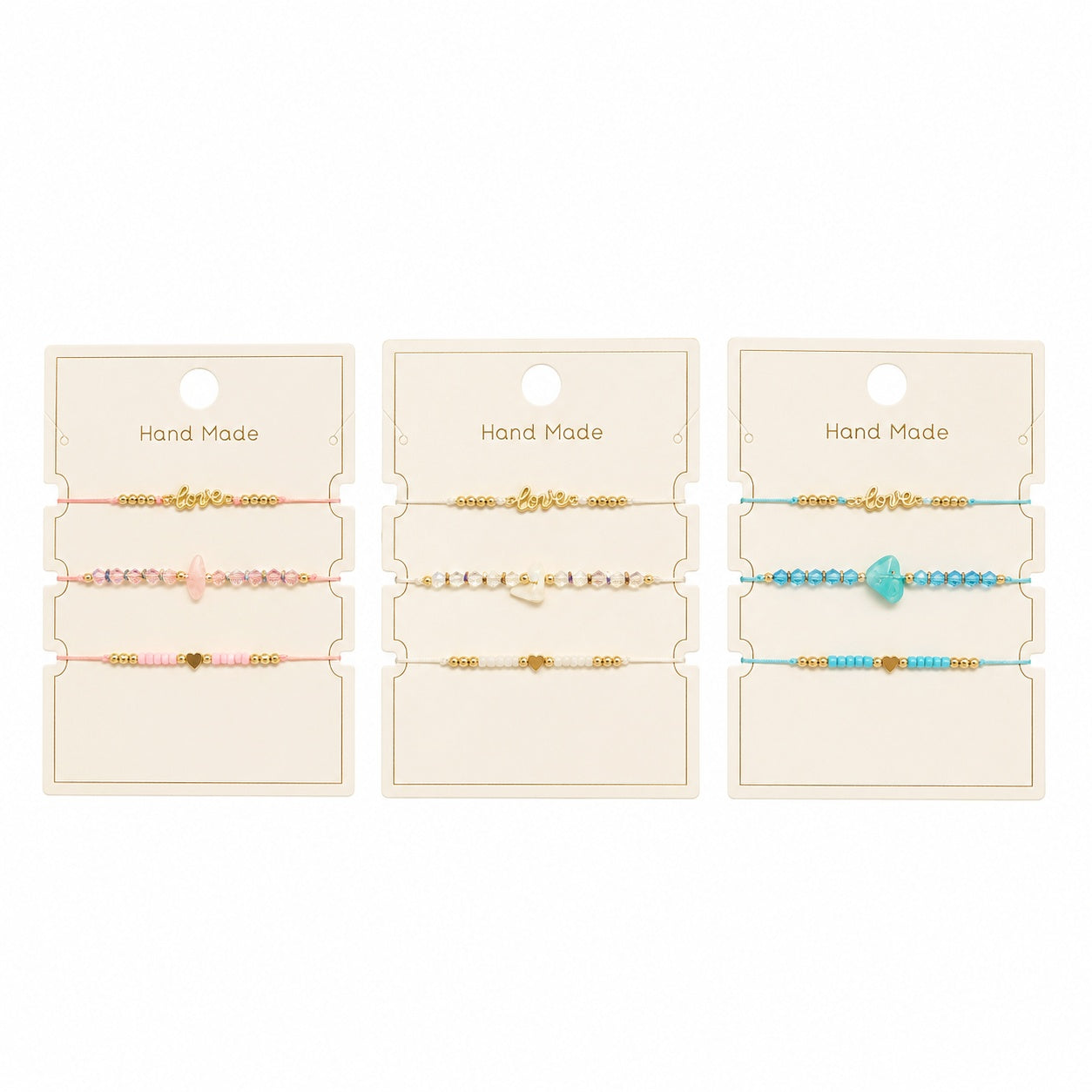 Set 12 Brățări Trio Love Handmade – 16 cm, Reglabile, Culori Diferite, cu Inimioară și Cristale
