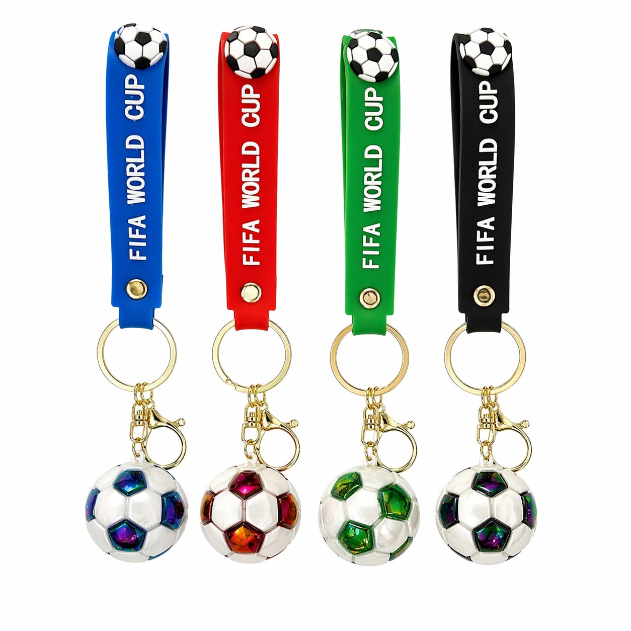 Set 12 brelocuri minge fotbal cu LED multicolor si curea colorata