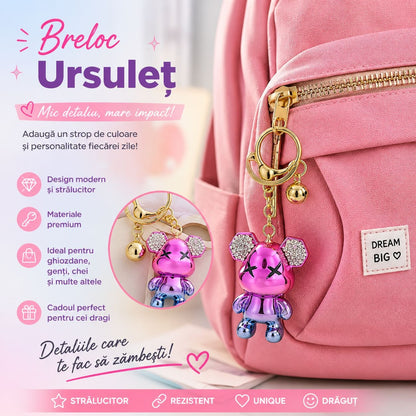 Set 12 Brelocuri Ursuleț cu Pietricele 5.5 cm – Mix Culori Metalizate, Accesorii pentru Chei și Ghiozdane