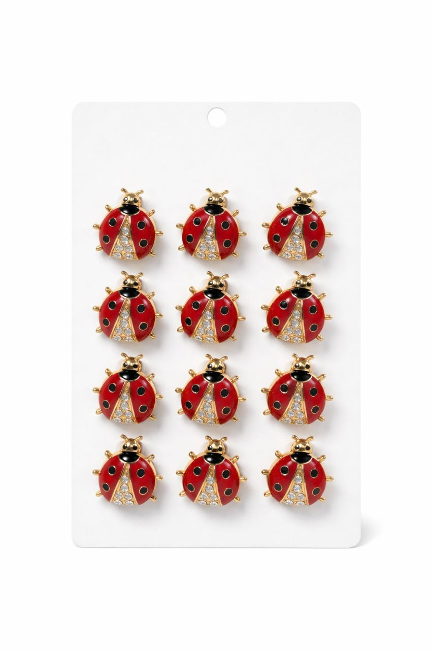 Set 12 brose martisor buburuza rosie cu strasuri, simbol noroc si prosperitate 15x9cm