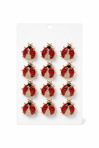 Set 12 brose martisor buburuza rosie cu strasuri, simbol noroc si prosperitate 15x9cm