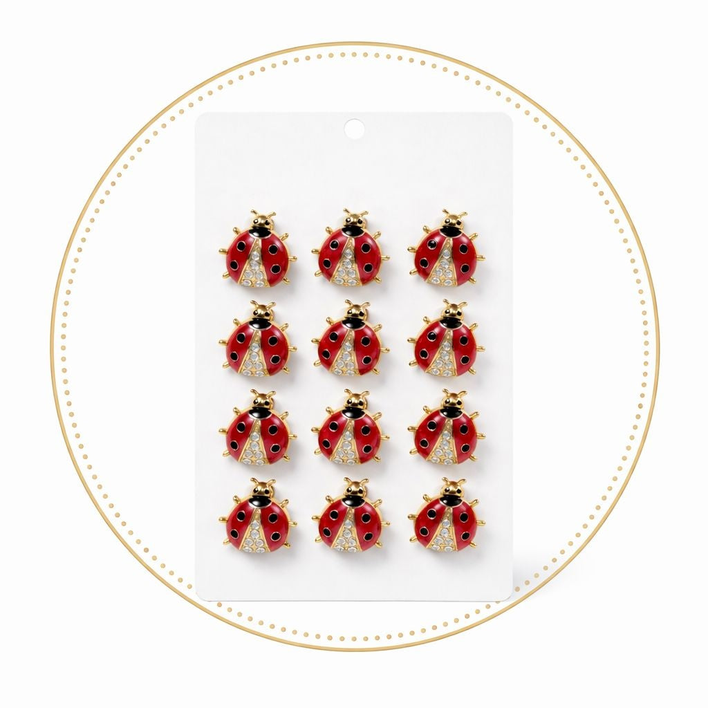 Set 12 brose martisor buburuza rosie cu strasuri, simbol noroc si prosperitate 15x9cm