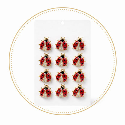 Set 12 brose martisor buburuza rosie cu strasuri, simbol noroc si prosperitate 15x9cm