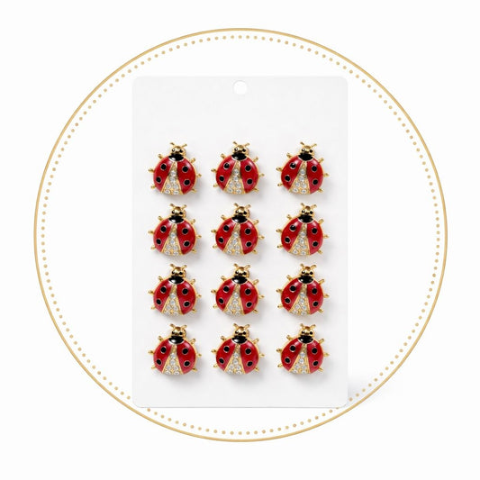 Set 12 brose martisor buburuza rosie cu strasuri, simbol noroc si prosperitate 15x9cm