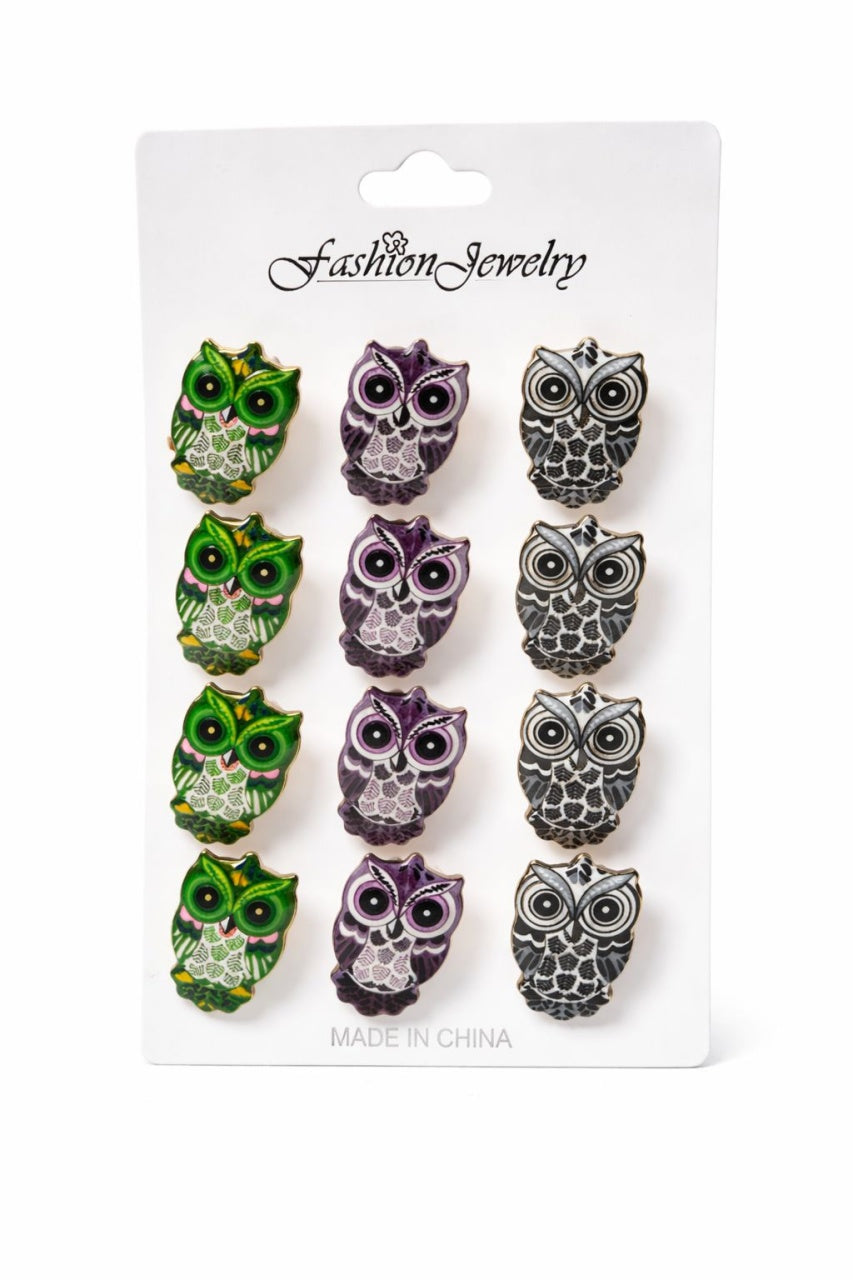 Set 12 brose martisor bufnite colorate, simbol intelepciune, 15x9cm