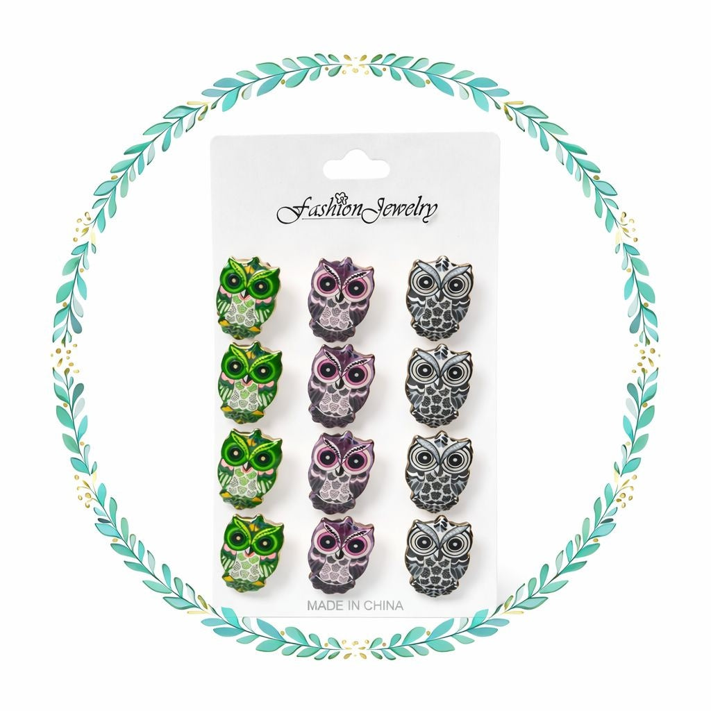 Set 12 brose martisor bufnite colorate, simbol intelepciune, 15x9cm