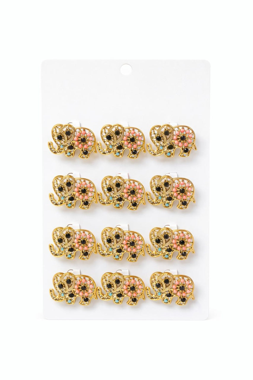 Set 12 brose martisor elefant auriu cu margele colorate, noroc si prosperitate 15x9cm
