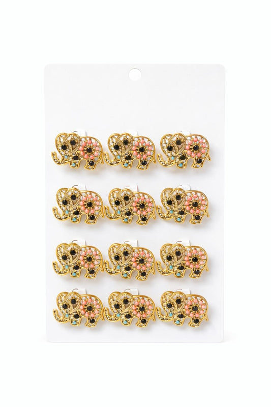 Set 12 brose martisor elefant auriu cu margele colorate, noroc si prosperitate 15x9cm