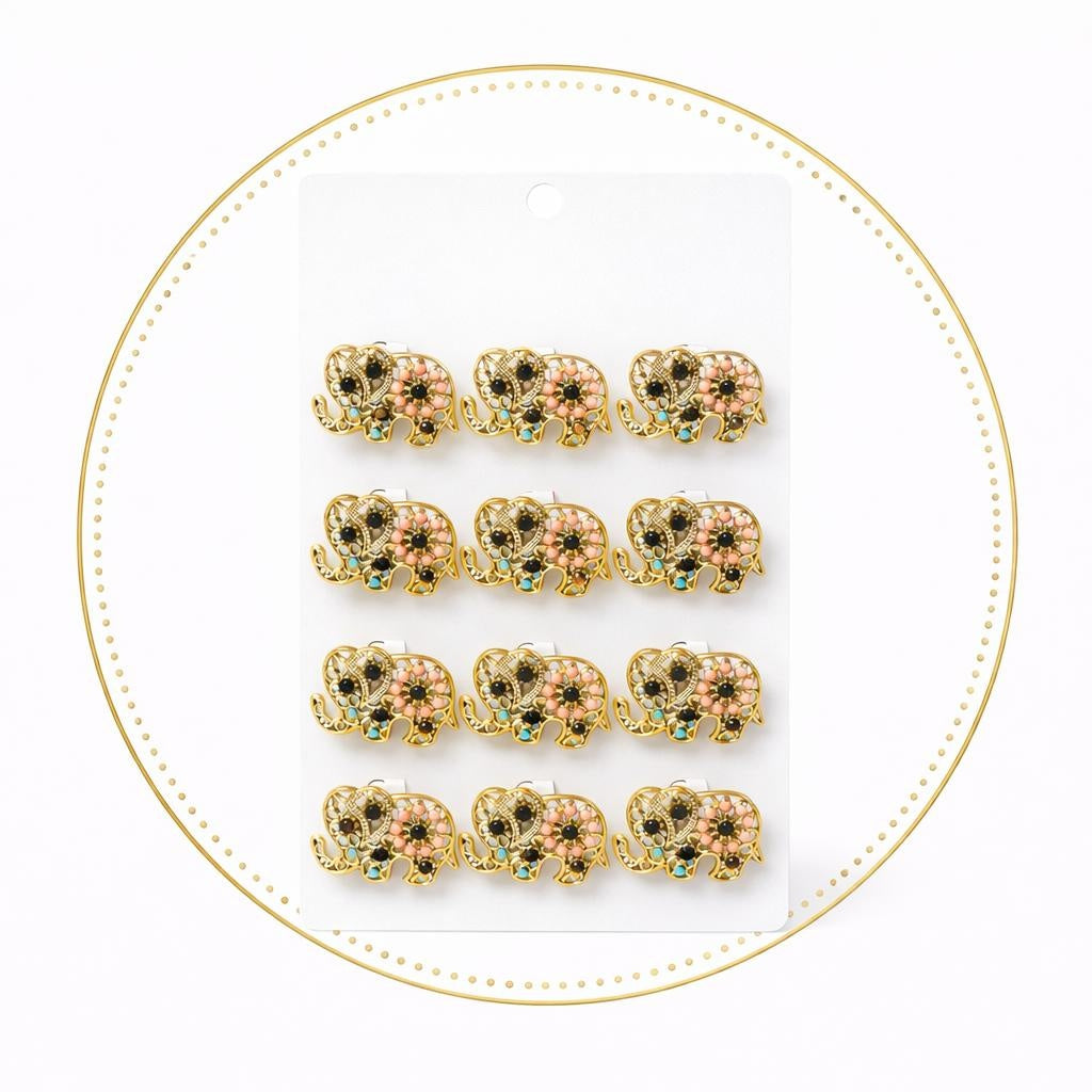 Set 12 brose martisor elefant auriu cu margele colorate, noroc si prosperitate 15x9cm