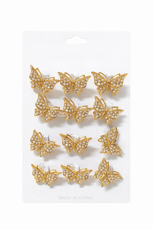 Set 12 brose martisor fluture auriu cu perlute albe elegante 15x9cm