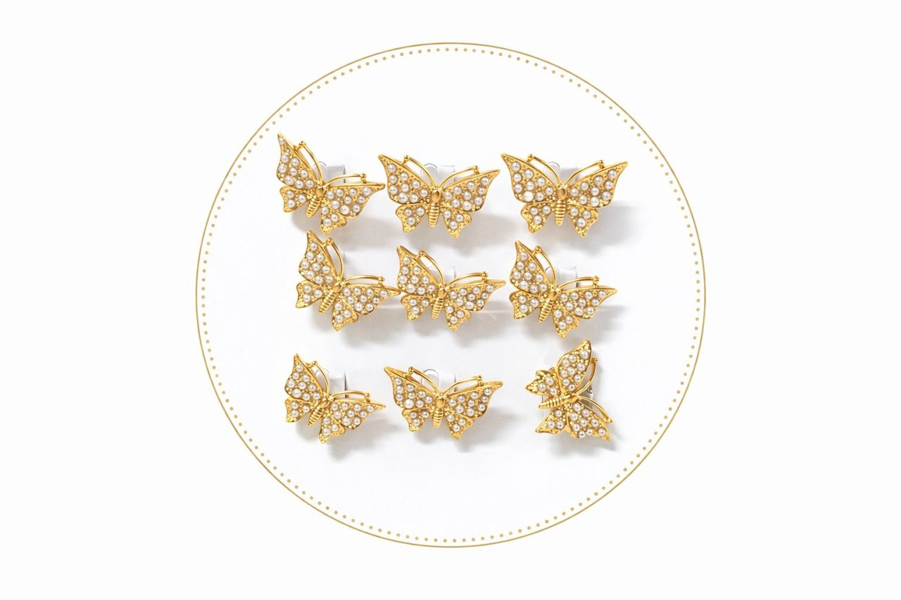 Set 12 brose martisor fluture auriu cu perlute albe elegante 15x9cm