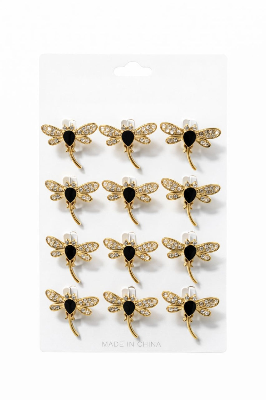 Set 12 brose martisor libelula aurie cu strasuri elegante 15x9cm
