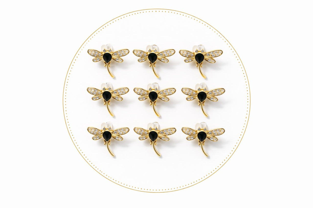 Set 12 brose martisor libelula aurie cu strasuri elegante 15x9cm