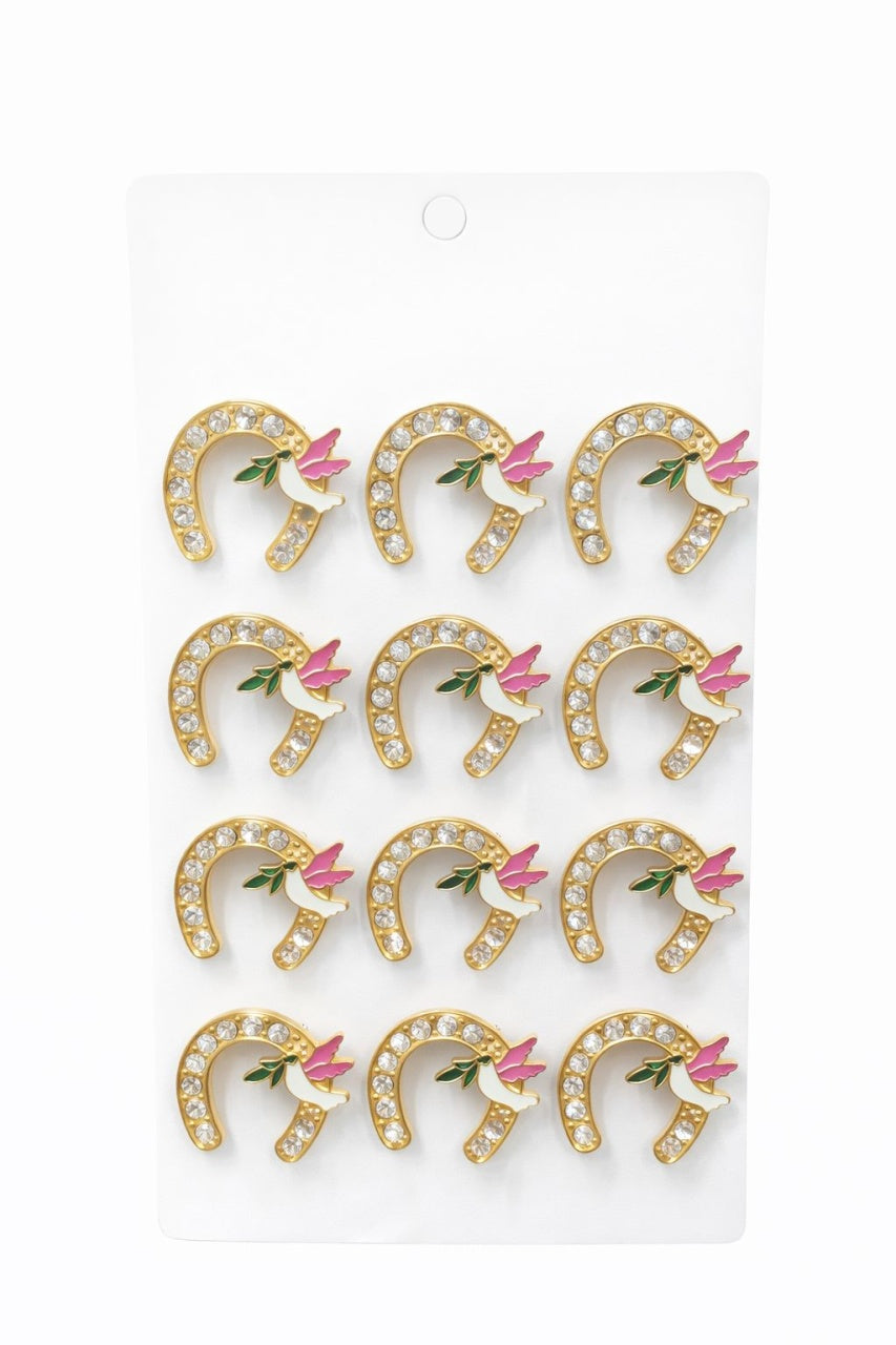 Set 12 brose Martisor pe carton prezentare, 17x10 cm, Cadou 1 Martie, Potcoava cu porumbel