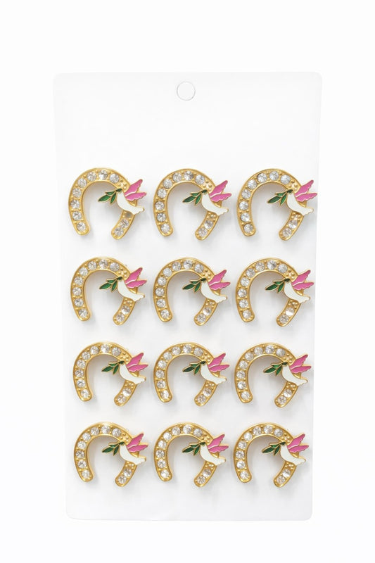 Set 12 brose Martisor pe carton prezentare, 17x10 cm, Cadou 1 Martie, Potcoava cu porumbel