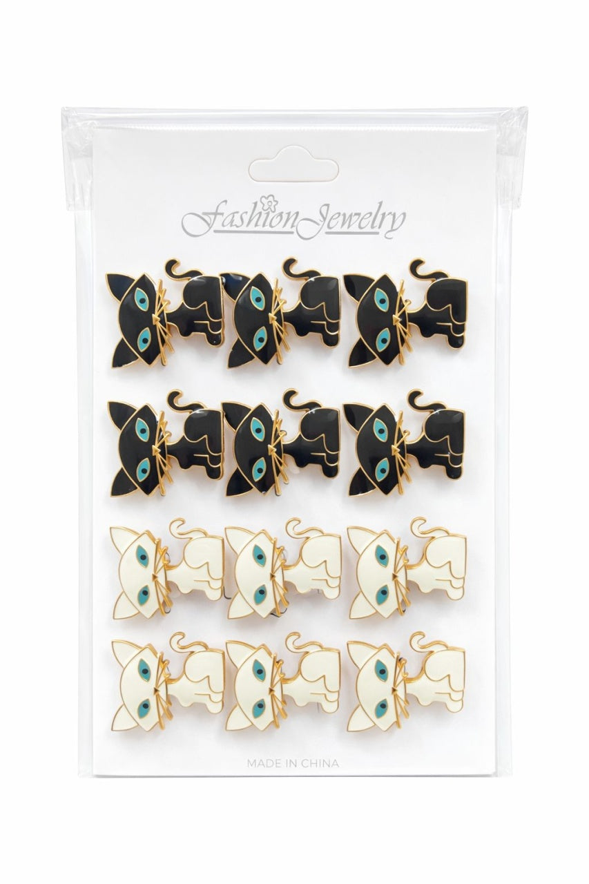 Set 12 brose Martisor pe carton prezentare, 17x10 cm, Cadou 1 Martie, Pisica alb negru