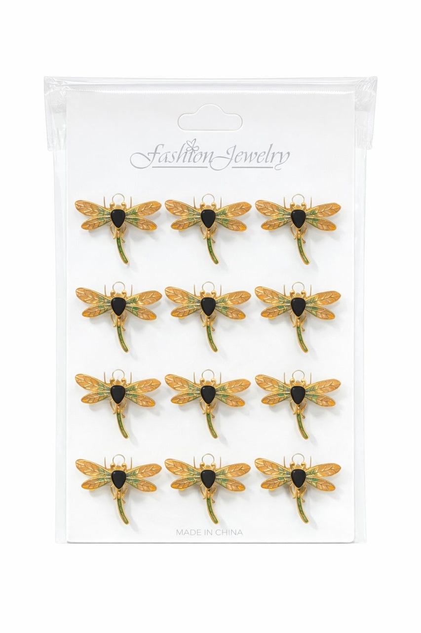 Set 12 brose Martisor pe carton prezentare, 17x10 cm, Cadou 1 Martie, Libelula auriu portocaliu