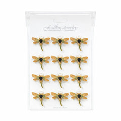 Set 12 brose Martisor pe carton prezentare, 17x10 cm, Cadou 1 Martie, Libelula auriu portocaliu
