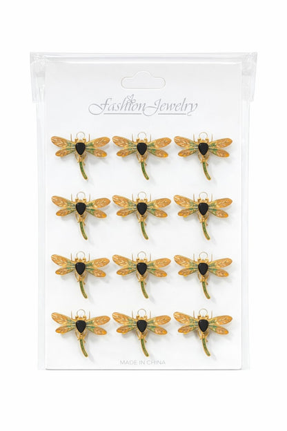 Set 12 brose Martisor pe carton prezentare, 17x10 cm, Cadou 1 Martie, Libelula auriu portocaliu