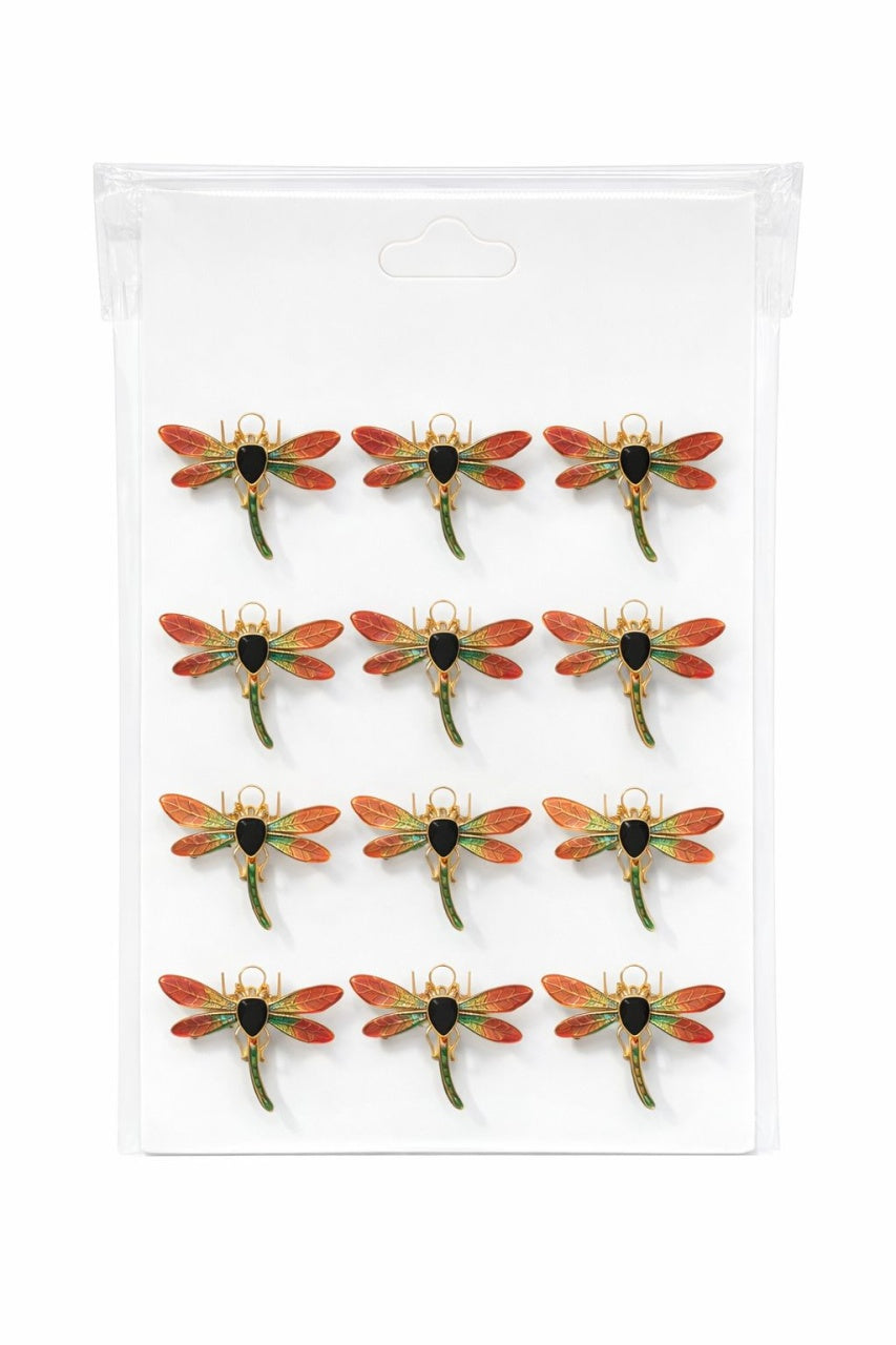 Set 12 brose Martisor pe carton prezentare, 17x10 cm, Cadou 1 Martie, Libelula auriu portocaliu