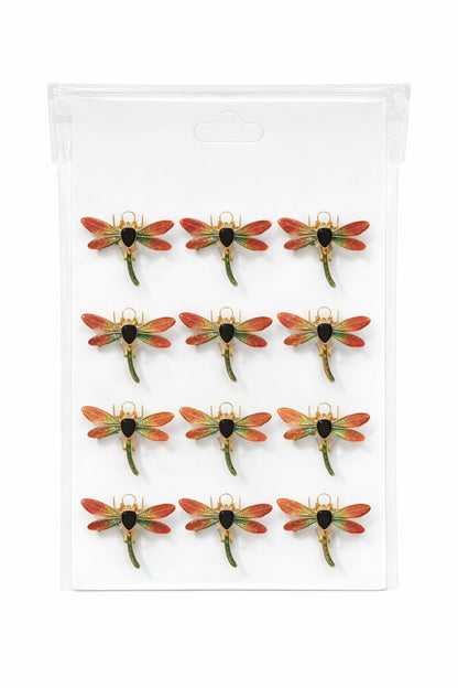 Set 12 brose Martisor pe carton prezentare, 17x10 cm, Cadou 1 Martie, Libelula auriu portocaliu