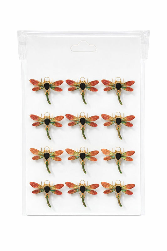 Set 12 brose Martisor pe carton prezentare, 17x10 cm, Cadou 1 Martie, Libelula auriu portocaliu