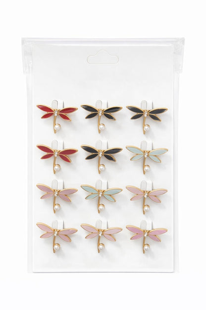 Set 12 brose Martisor pe carton prezentare, 17x10 cm, Cadou 1 Martie, Libelule diverse culori