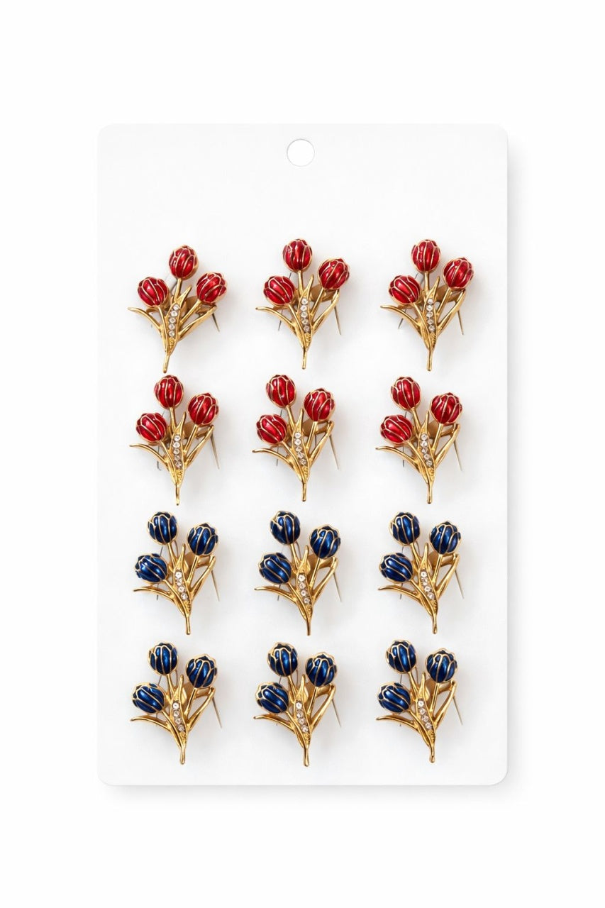 Set 12 brose Martisor pe carton prezentare, 17x10 cm, Cadou 1 Martie, Buchet lalele, diverse culori