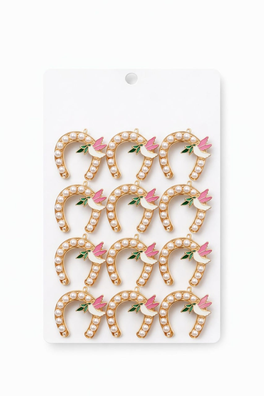 Set 12 brose Martisor pe carton prezentare, 17x10 cm, Cadou 1 Martie, Potcoava cu porumbel