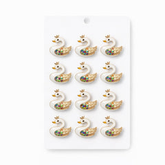 Set 12 brose Martisor pe carton prezentare, 17x10 cm, Cadou 1 Martie, Lebada cu coroana