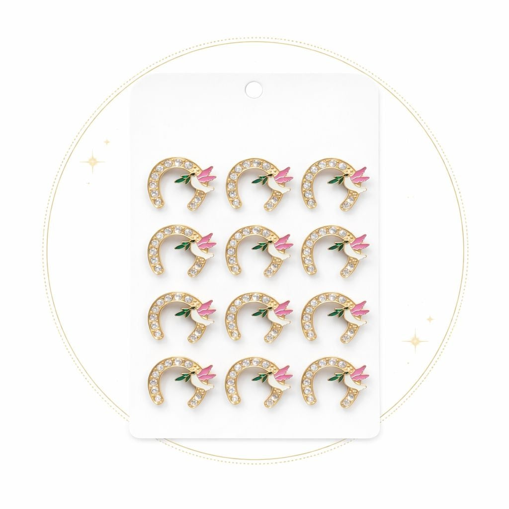 Set 12 brose Martisor pe carton prezentare, 17x10 cm, Cadou 1 Martie, Potcoava cu porumbel