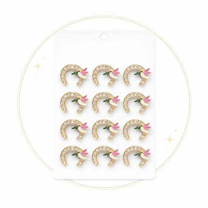 Set 12 brose Martisor pe carton prezentare, 17x10 cm, Cadou 1 Martie, Potcoava cu porumbel